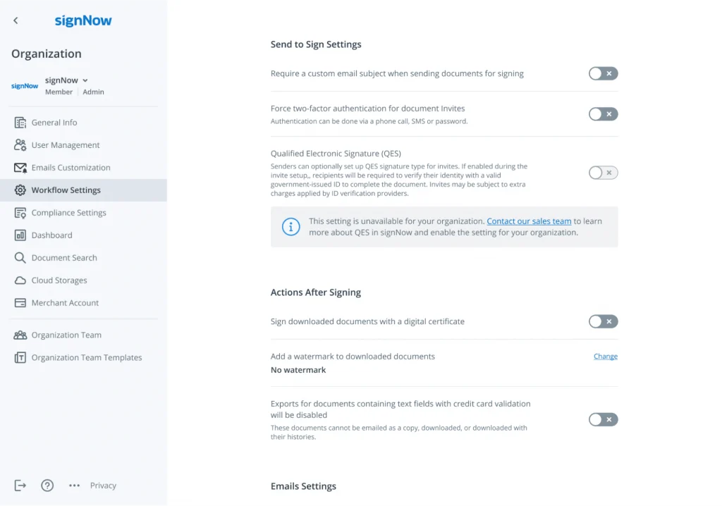 This image shows SignNow workflow settings for QES 