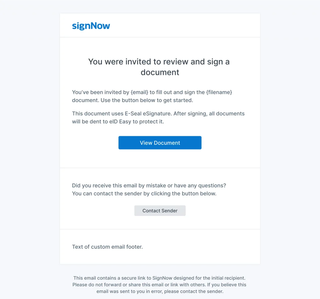 This image shows a signature invite saying that the document uses an E-Seal eSignature