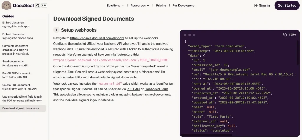 This image shows a screenshot of documentation for setting up webhooks in DocuSeal