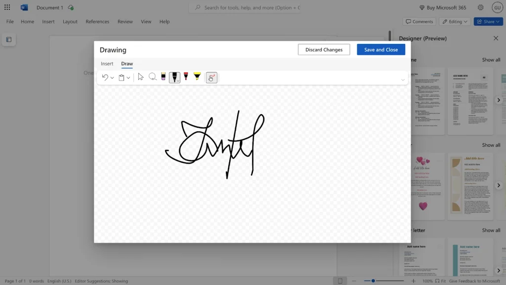 This image shows an example how to use words drawing feature for a handwritten signature