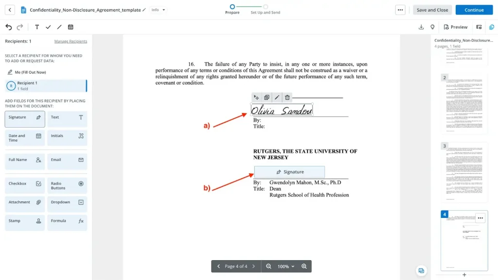 This image shows how to add your signature (a) or insert a field to request a signature from your document recipient (b)