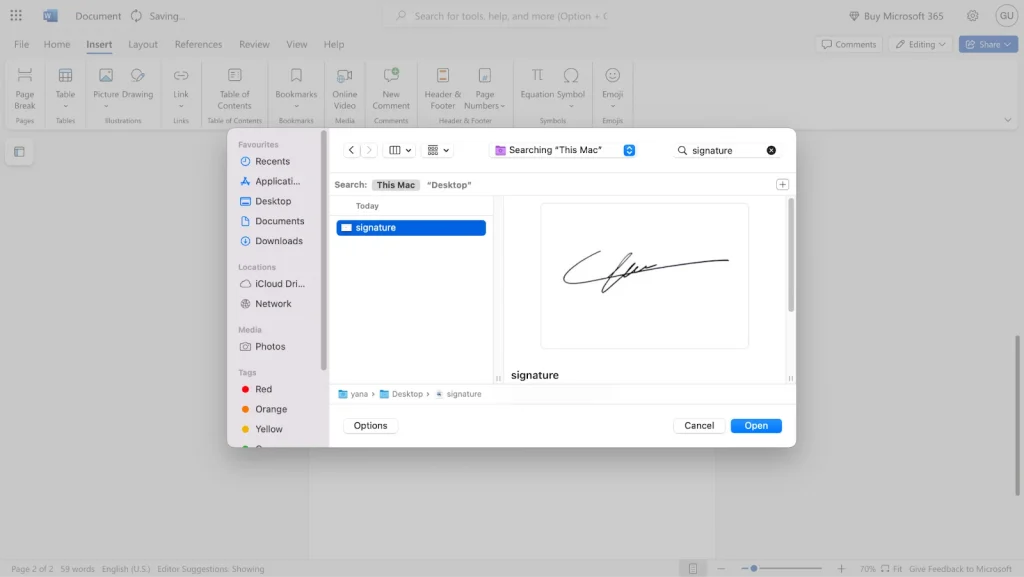 This image shows a screenshot of how to insert an image of your signature