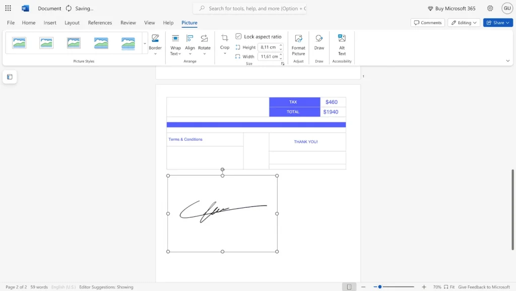 This image shows a screenshot how to resize and position an image of your signature