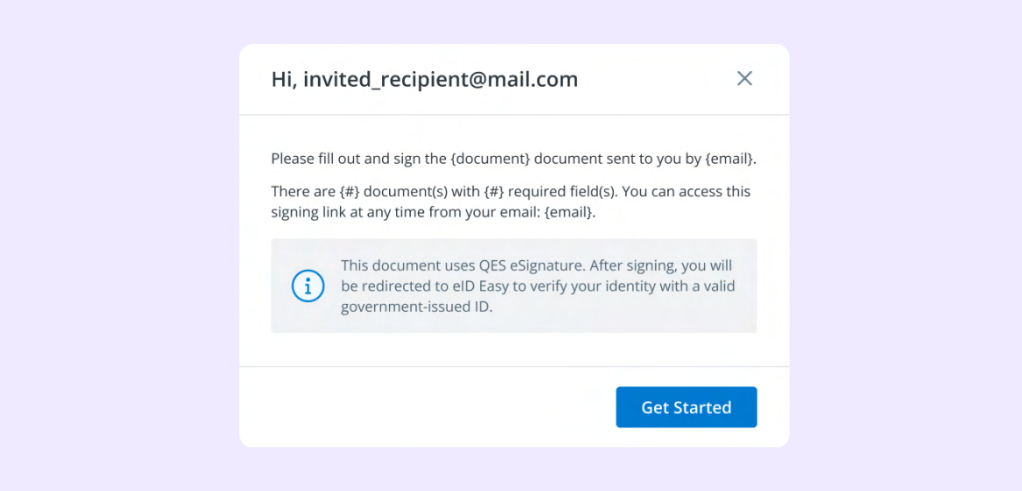A SignNow pop-up window instructing the recipient to 'Get Started' with the QES eSignature process.