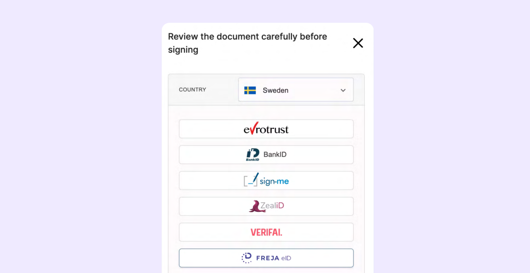 A screenshot of the eID Easy provider selection screen in SignNow, showing Sweden as the selected country and a list of trust providers like Evrotrust and BankID.