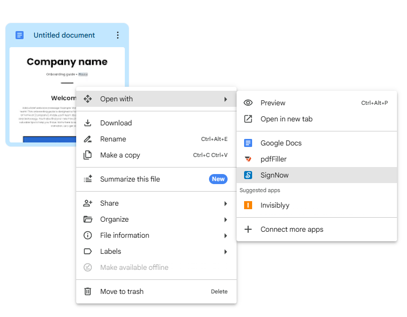 A screenshot of the Google Drive interface showing a right-click context menu for a Google Doc. The "Open with" option is selected, revealing a sub-menu where "SignNow" is highlighted as an application choice.