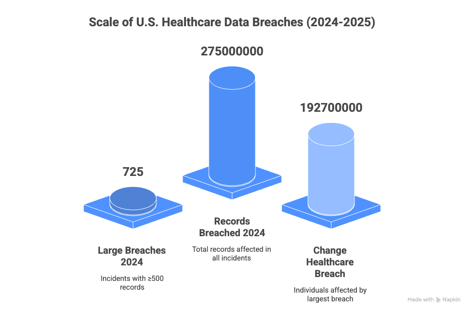 A bar chart illustrating the scale of U.S. healthcare data breaches in 2024. It shows 725 large breaches (≥500 records), 275 million total records breached, and 192.7 million individuals affected by the largest breach (Change Healthcare breach)