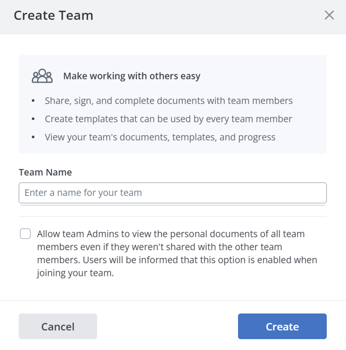 SignNow “Create Team” modal with bullets about sharing, templates, and progress, a Team Name field, an optional admin-visibility checkbox, and Cancel/Create buttons.