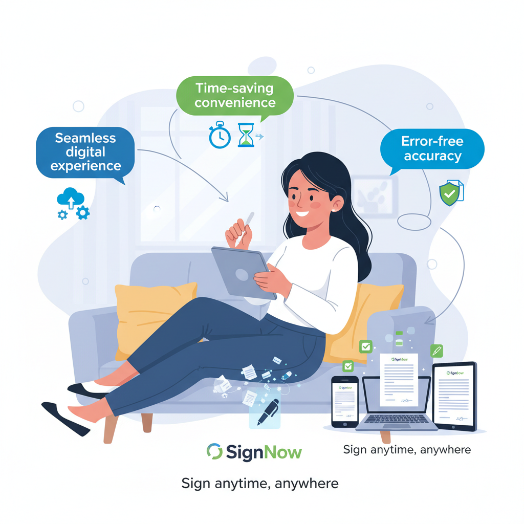 An illustration of a woman using a tablet and a stylus to sign a document electronically. Around her are speech bubbles showcasing SignNow benefits: 'Seamless experience,' 'Time-saving convenience,' and 'Error-free accuracy.' Scattered digital papers and devices (smartphone, laptop, tablet) display the SignNow logo and signature lines, emphasizing the ability to sign anytime, anywhere.