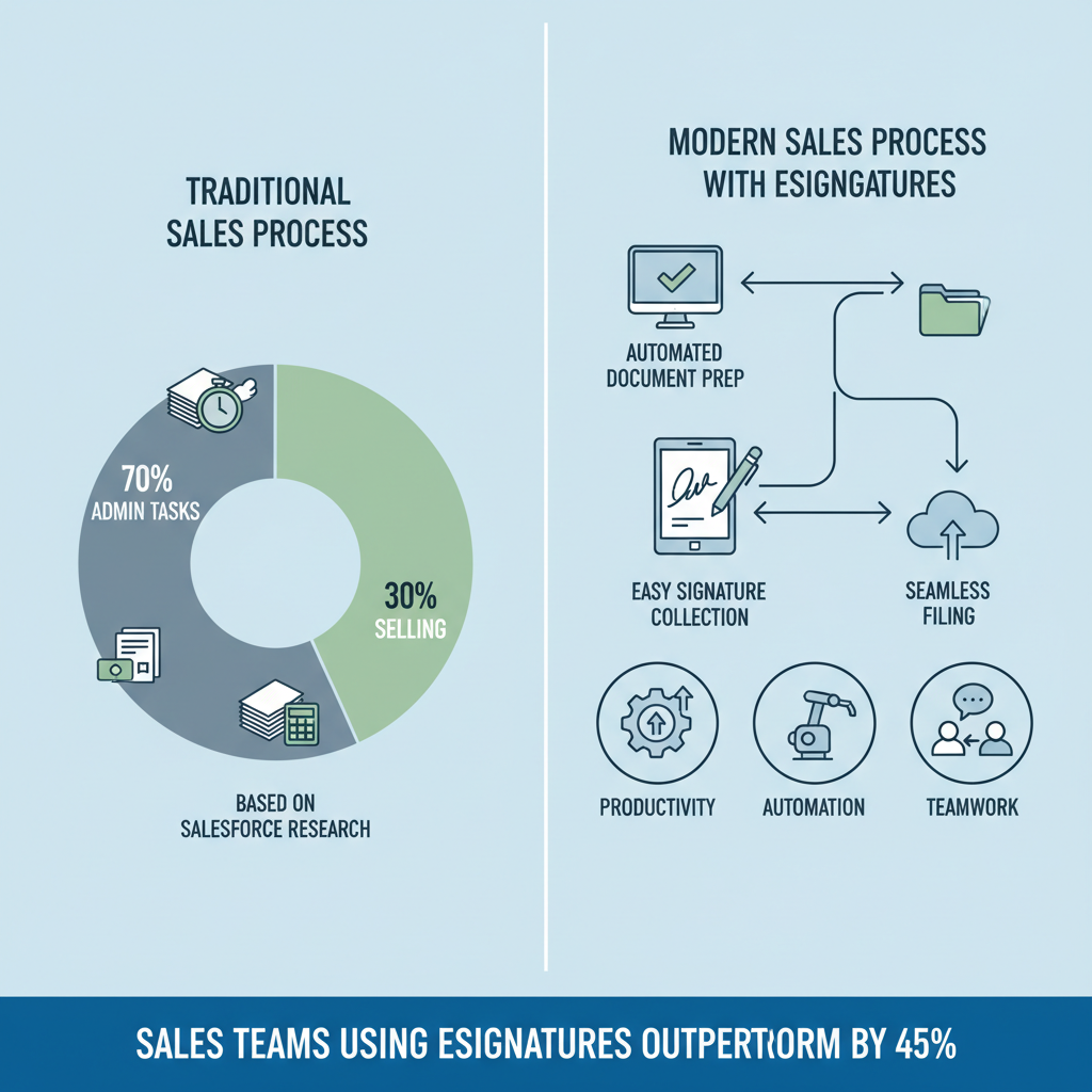 An infographic comparing traditional and modern sales processes. The left side has a pie chart showing sales teams spend 70% of their time on admin and 30% on selling, according to Salesforce research. The right side illustrates a modern eSignature workflow with three steps: Automated Document Prep, Easy Signature Collection, and Seamless Filing. Icons highlight benefits like productivity, automation, and teamwork. A banner at the bottom states, 'Sales teams using eSignatures outperform by 45%.'