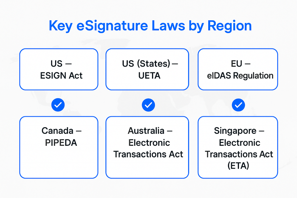 A visual representation of the key laws regulating the use of electronic signatures in such countries as the USA (ESIGN Act and UETA), EU (eIDAS Regulation), Canada (PIPEDA), Australia (Electronic Transactions Act), and Singapore (Electronic Transactions Act).
