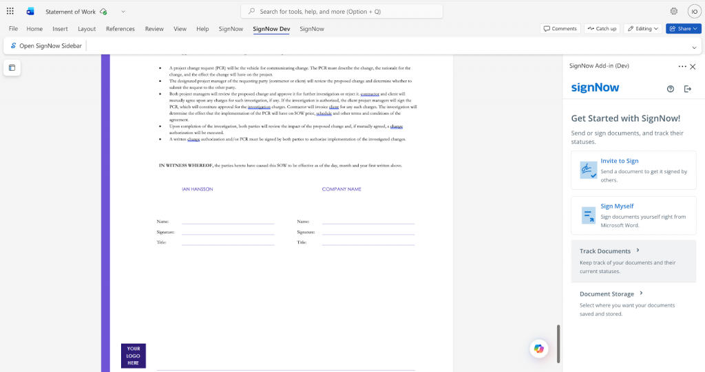 This screenshot demonstrates how to track document status from inside Microsoft Word.