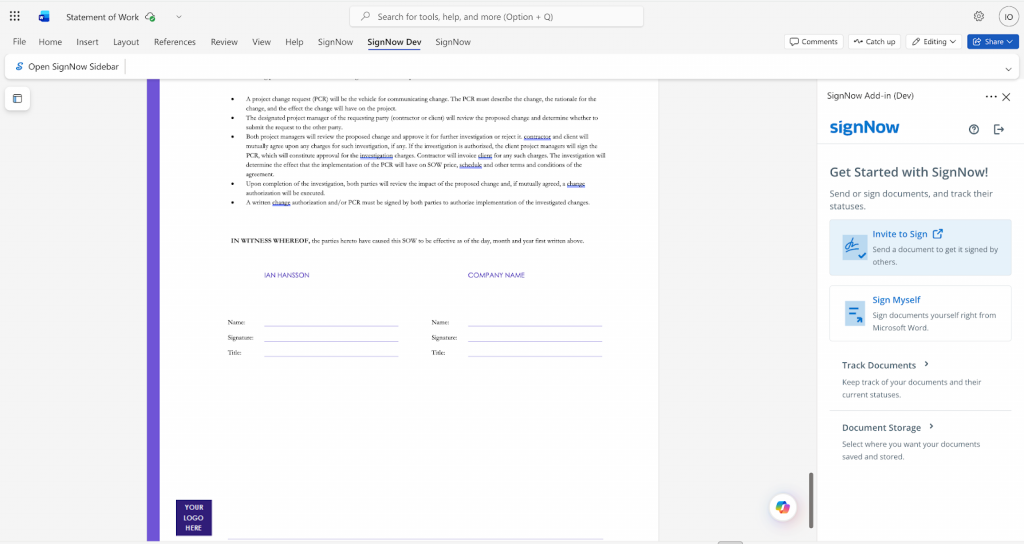 This is a screenshot demonstrating how SignNow add-in works with the Microsoft Word 365 integration
