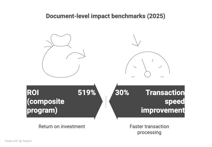 A slide showing document-level impact benchmarks for 2025, with a 519% return on investment and a 30% improvement in transaction speed.