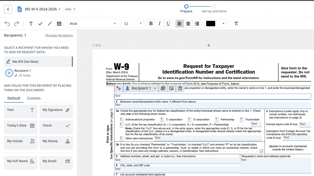  Preparing an IRS W-9 form for eSignature by adding fillable fields and recipient information in SignNow.