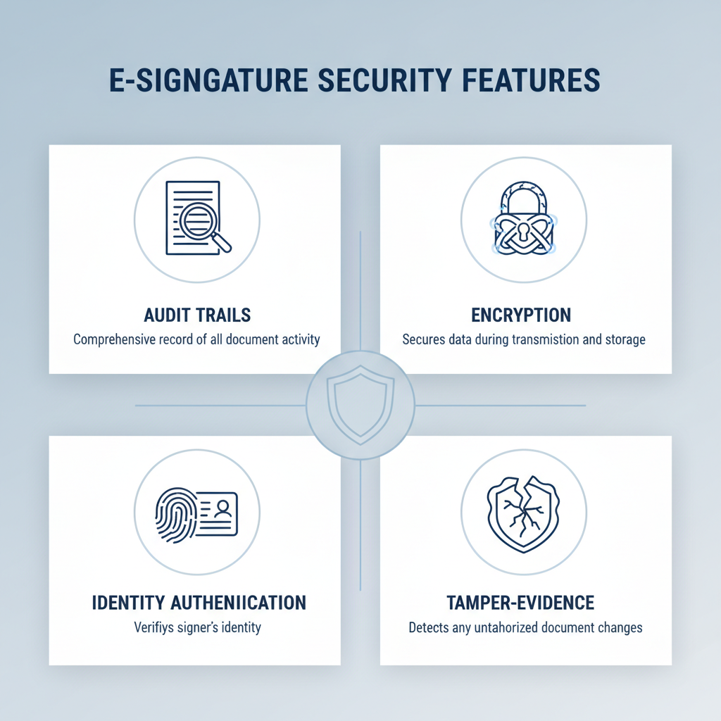 Four e-signature security features: audit trail, encryption, identity authentication, tamper-evident.