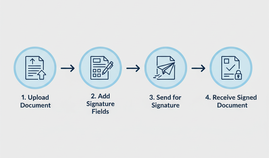 Four-step e-signature workflow: upload document, add signature fields, send for signature, receive signed document.