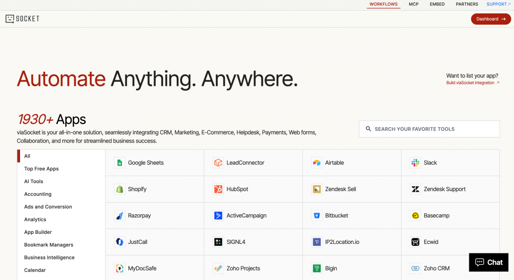 This image is a screenshot of viaSocket integration page