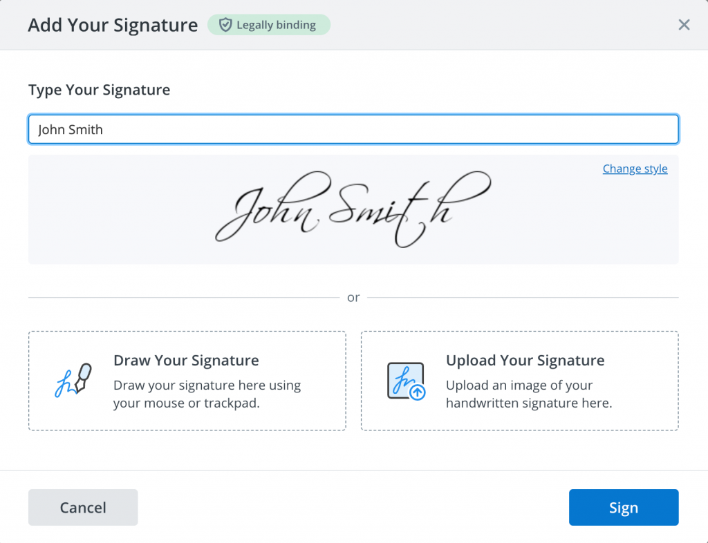 SignNow Add Your Signature window where users can type, draw, or upload a legally binding electronic signature.