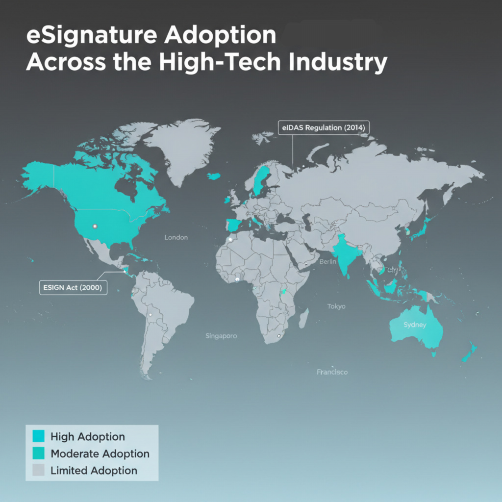 World map infographic titled 'eSignature Adoption Across the High-Tech Industry.' Regions are color-coded to indicate levels of eSignature adoption.