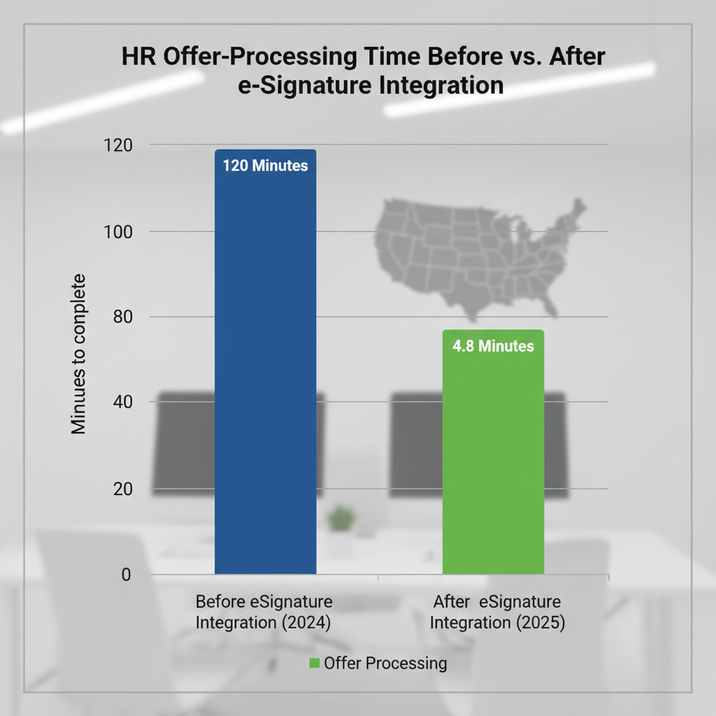 Bar chart titled 'HR Offer-Processing Time Before vs. After e-Signature Integration.' The chart compares offer-processing times.