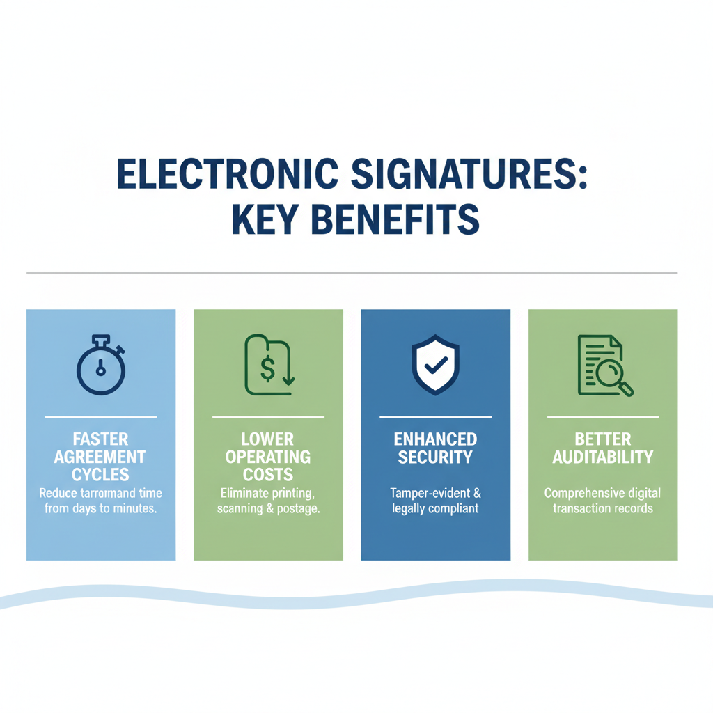 Infographic showcasing the benefits of electronic signatures, including faster agreement cycles, lower operating costs, better auditability, and enhanced security.