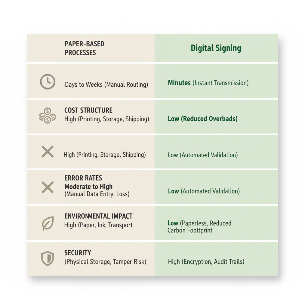 Comparison chart contrasting paper-based processes and digital signing, highlighting metrics like execution speed, cost structure, error rates, environmental impact, and security.
