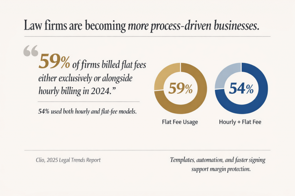 Chart showing legal industry trends with 59% of law firms using flat fees and 54% using both hourly and flat-fee billing models in 2024.