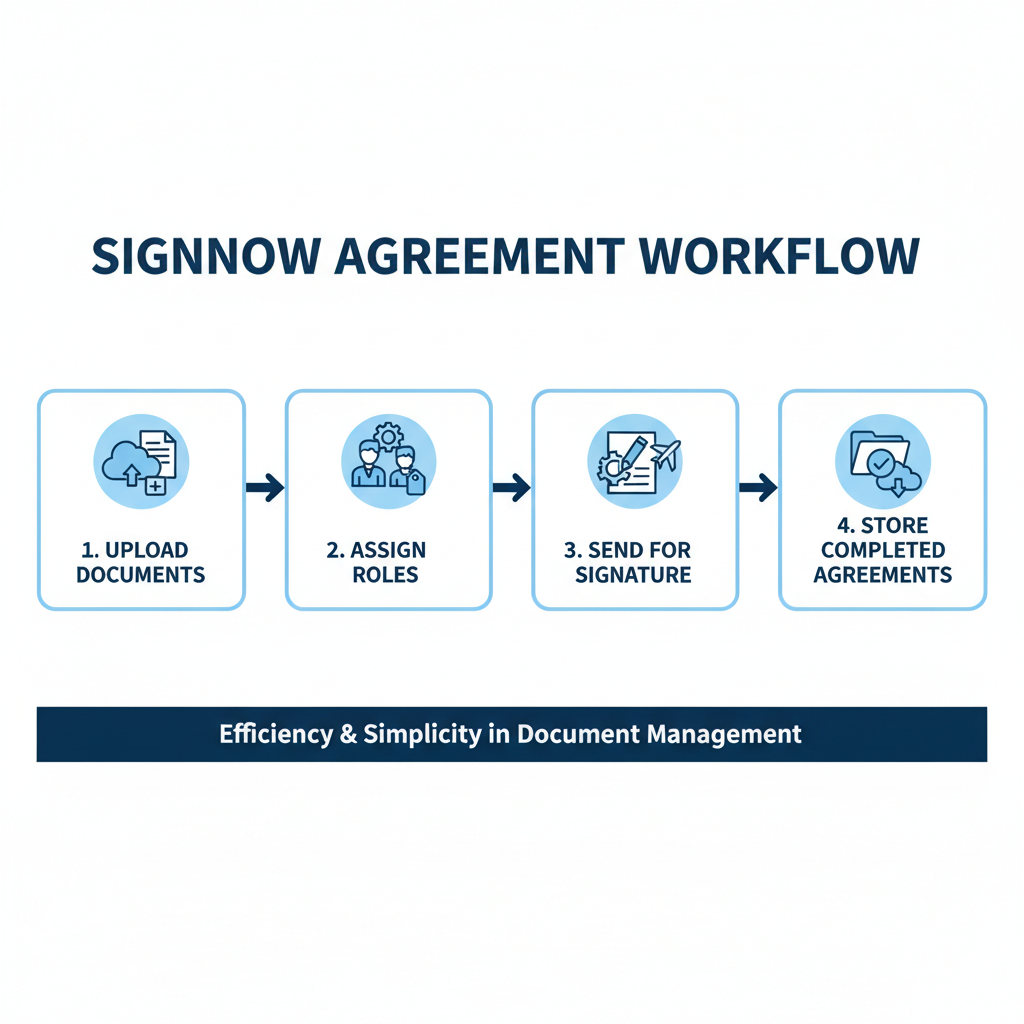Process flow diagram showing how SignNow simplifies agreement workflows, including steps like uploading documents, assigning roles, sending for signature, and storing completed agreements.