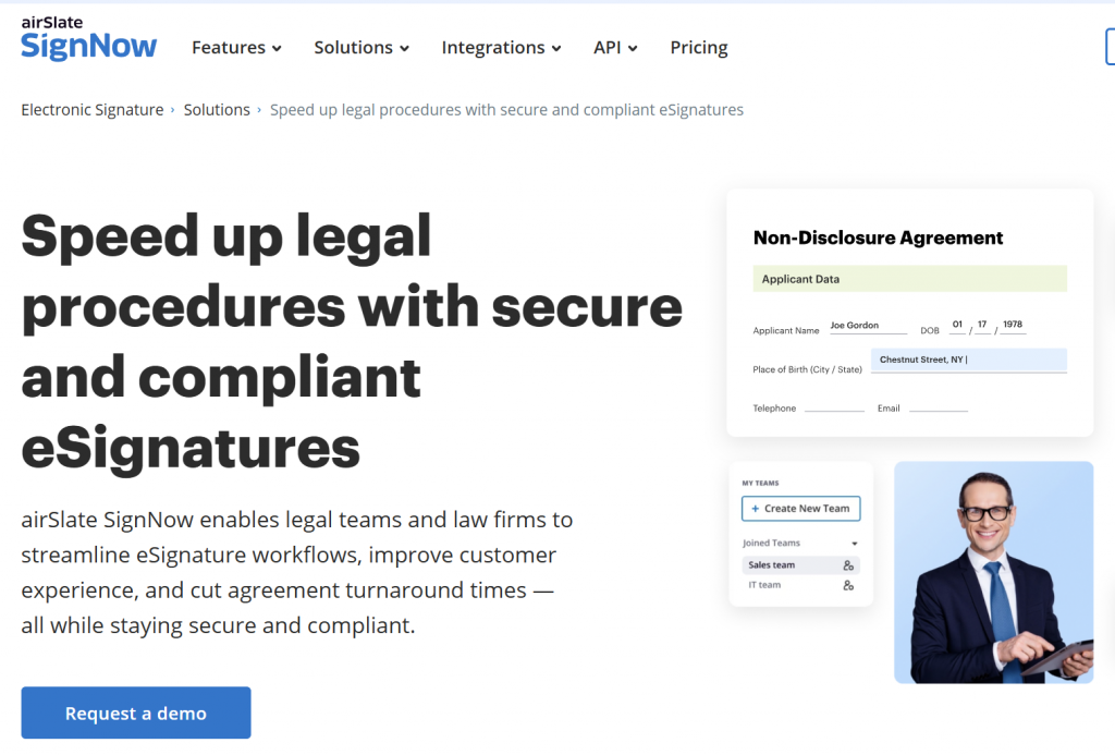 airSlate SignNow webpage showing eSignature solution for legal teams with secure and compliant document signing workflows