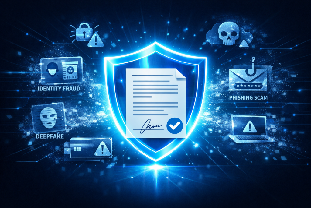 An infographic image describing a document with a signature applied at a protection shield, surrounded by icons of cybersecurity threats.