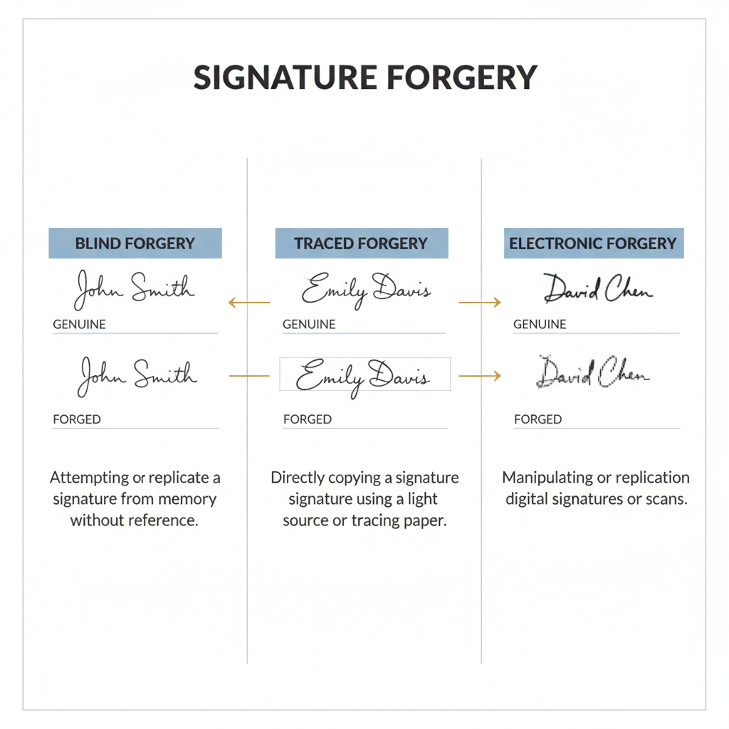Examples of blind, traced, and electronic forgeries, showcasing how each type manipulates genuine signatures for fraudulent purposes.