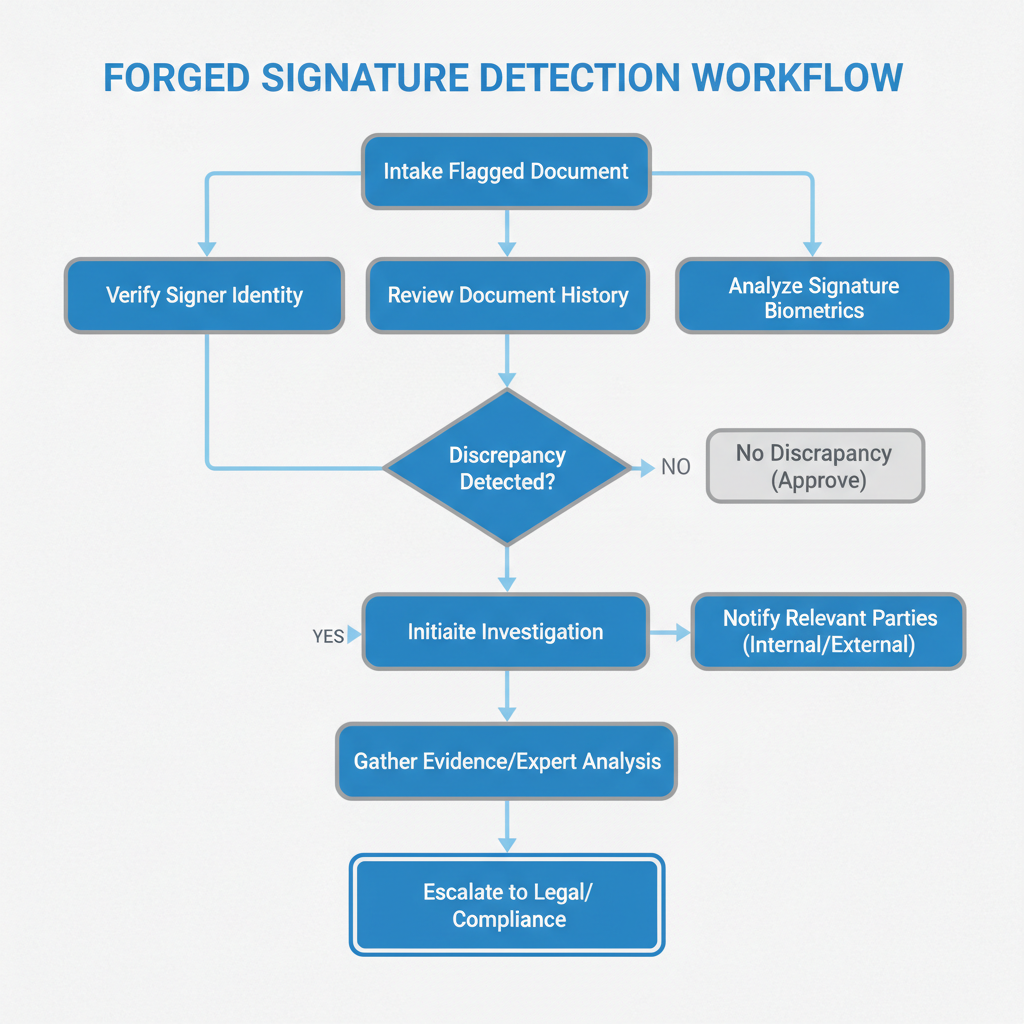 A step-by-step workflow for detecting forged signatures in business processes, emphasizing verification and escalation protocols.