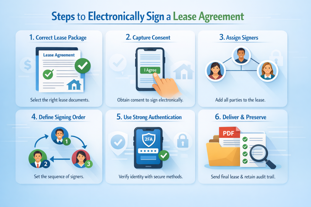 Infographic showing six steps to electronically sign a lease agreement, including selecting documents, capturing consent, assigning signers, setting order, verifying identity, and storing the final file.