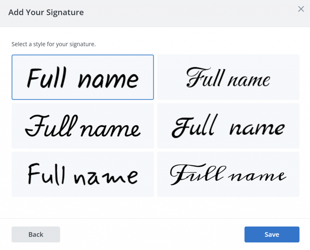 The Add Your Signature window in SignNow displaying multiple font style options for a typed signature.
