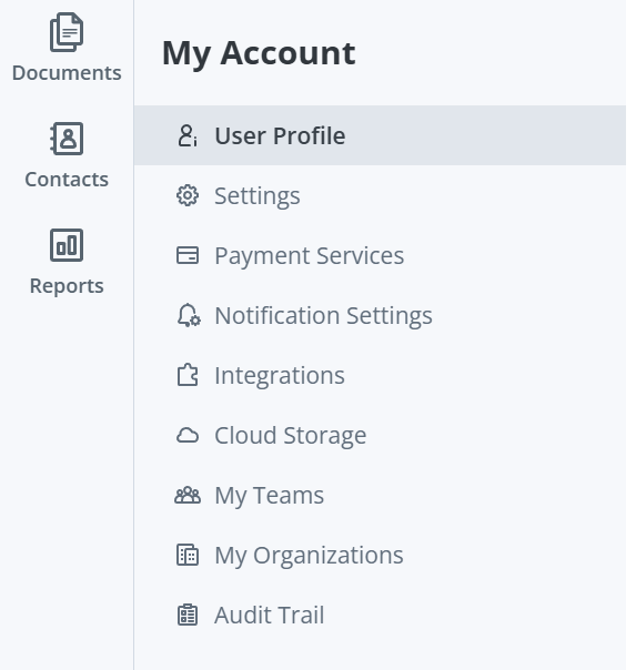 The My Account sidebar menu in SignNow, displaying options such as user profile, settings, payment services, notifications, integrations, cloud storage, teams, organizations, and audit trail.