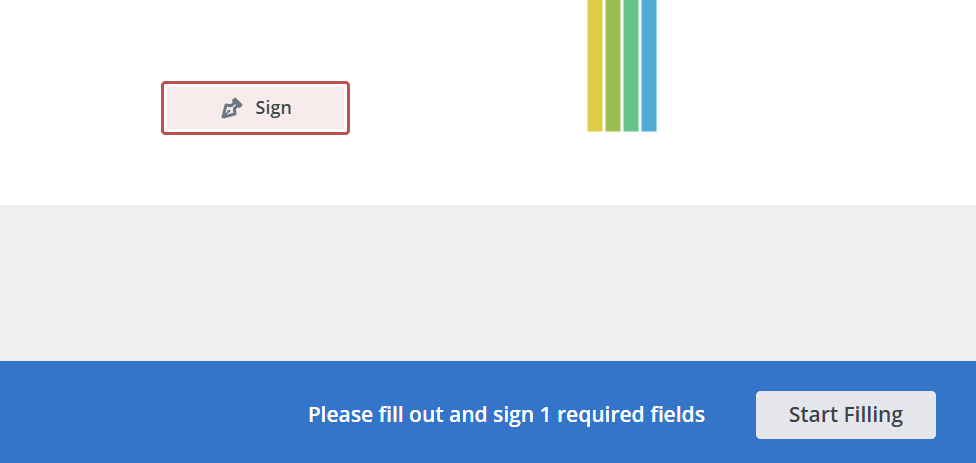 SignNow’s interface fragment highlighting the “Sign” button with a prompt to start filling required fields.