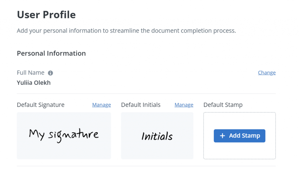 User Profile settings in SignNow showing personal information along with default signature, initials, and an option to add a stamp.