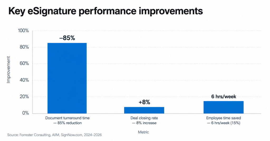 Bar chart titled “Key eSignature performance improvements” showing an 85% reduction in document turnaround time, an 8% increase in deal closing rate, and 6 hours per week of employee time saved.