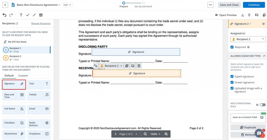 Screenshot of the SignNow user interface, showing the preparation phase for a Basic Non-Disclosure Agreement. The screen is divided into four sections: a top navigation bar, a left sidebar for selecting recipients and adding fields, a central document area with signature fields assigned to two recipients (color-coded blue and orange), and a right sidebar displaying properties for the selected signature field.