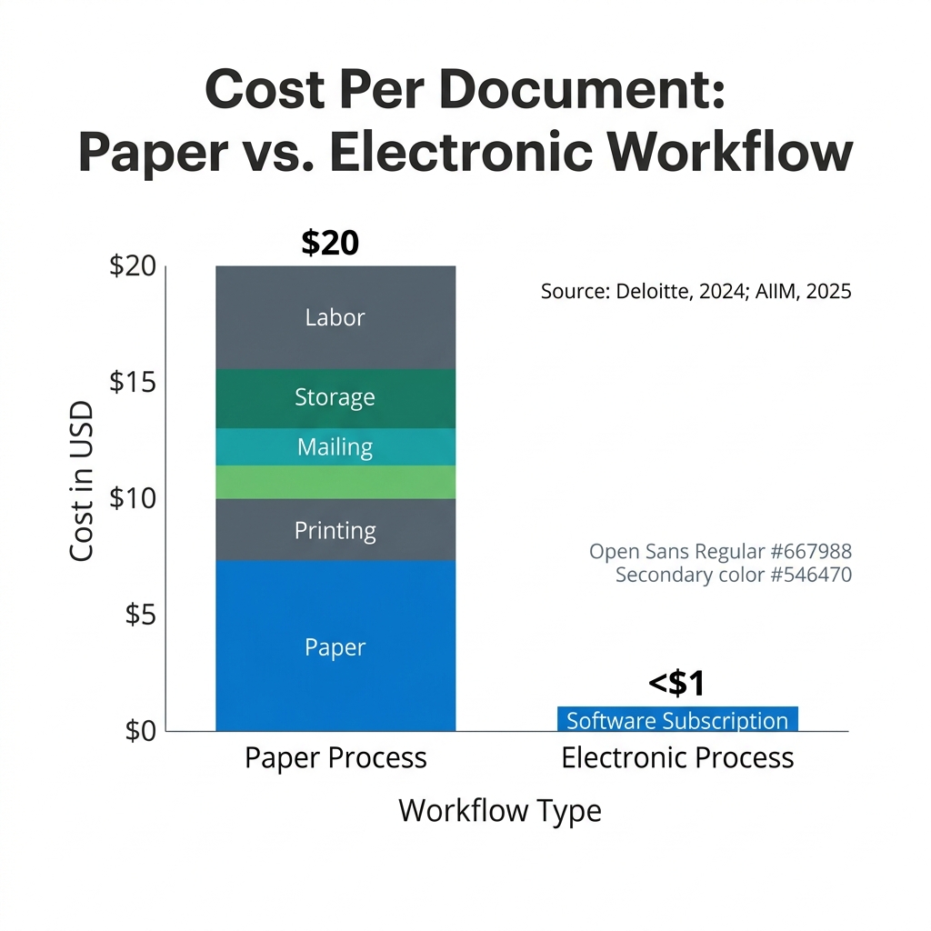A vertical bar chart titled "Cost Per Document: Paper vs. Electronic Workflow."
