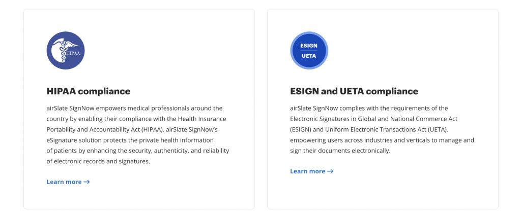 SignNow is compliant with both the ESIGN Act and UETA, and provides a court-admissible audit trail for every document