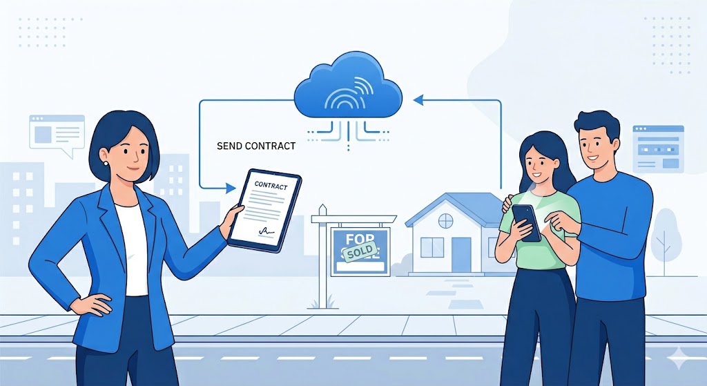 Illustration of a digital real estate transaction. A real estate agent holds a tablet showing a signed contract as a young couple reviews it on their smartphone. In front of a house, a 'SOLD' sign is displayed. A cloud icon and arrows symbolize the digital document exchange.