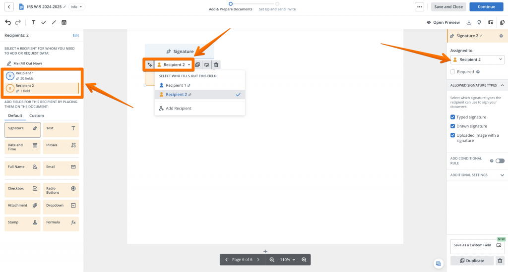 A screenshot of the SignNow editor during the document setup process. It shows a signature field assigned to Recipient 2, with the corresponding recipient settings highlighted in the left panel, field menu, and right sidebar.