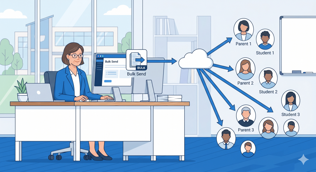 Illustration of a school administrator using a "Bulk Send" feature on her computer to send documents to parents and students. The image shows a cloud-based system connecting the administrator to multiple recipients, represented by icons for "Parent 1," "Student 1," and others.