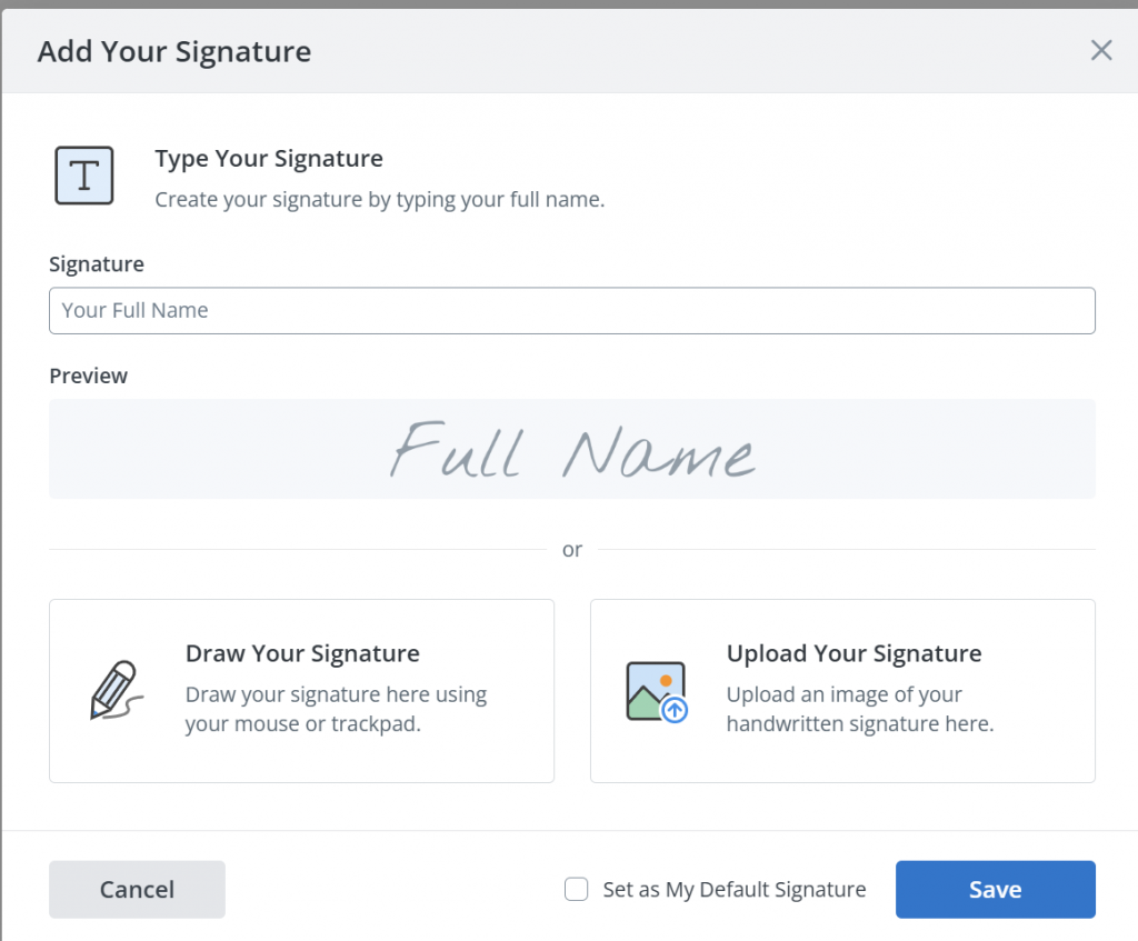 SignNow’s interface fragment with options to type, draw, or upload a signature. The interface includes a text input field, signature preview area, and Save button.