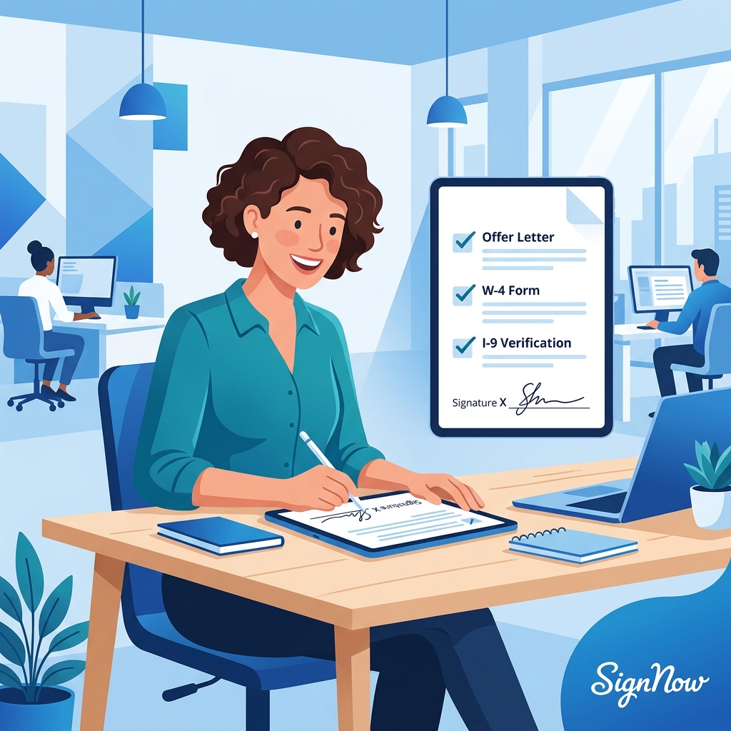 Illustration showing a new hire smiling while signing documents on a tablet.