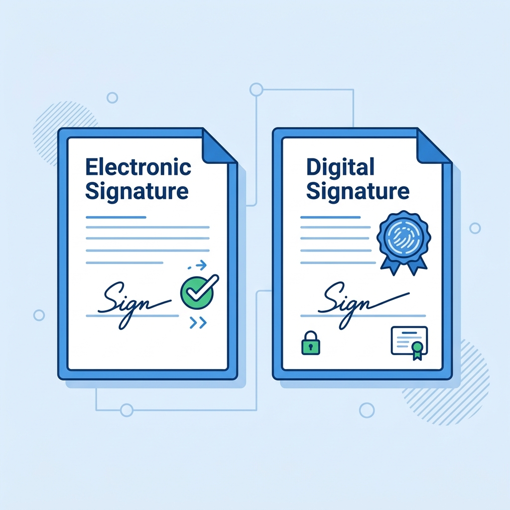 A clean, flat-design illustration compares an electronic signature and a digital signature using two side-by-side documents in blue and white.