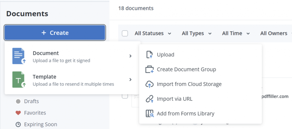 Screenshot of the SignNow document dashboard showing the “Create” menu expanded with options to upload a document, create a document group, import files from cloud storage or a URL, and add forms from the forms library.