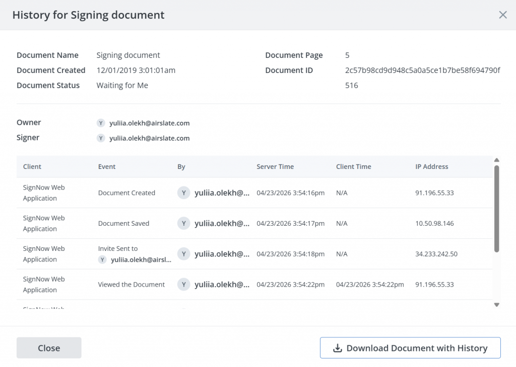  Screenshot of the SignNow document history and audit trail window displaying document metadata, signer information, timestamps, IP addresses, and a chronological activity log of document events such as creation, viewing, and invitation delivery.
